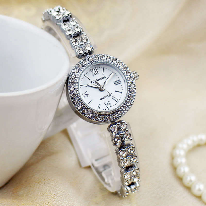 Ladies Wrist Watch Elegant Steel Belt Inlaid Crystals Quartz Watch