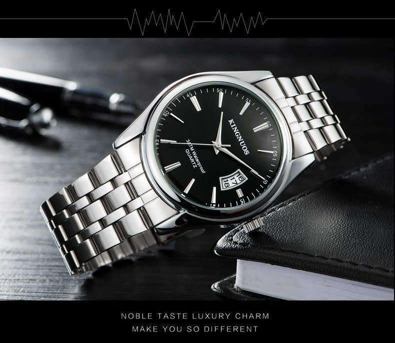 Men's Wrist Watch Kingnuos Stainless Steel Strap Calendar Displays Watch