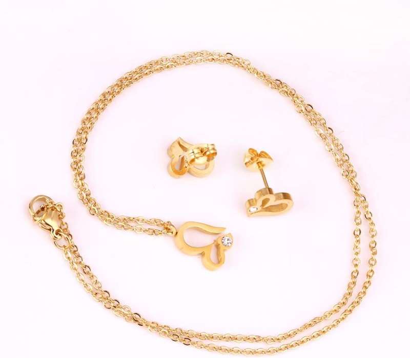 Waterproof Stainless Steel Gold Plated Heart Necklace and Earrings Set