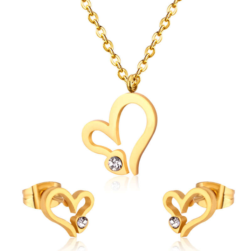 Waterproof Stainless Steel Gold Plated Heart Necklace and Earrings Set