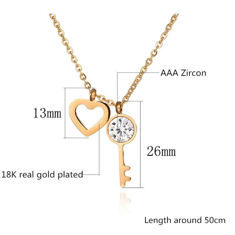 Gold Plated Stainless Steel Inlaid Zirconia Crystals Key Pendant and Heart Charm Necklace NON Tarnis