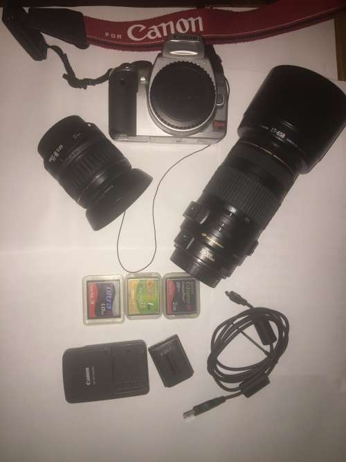 Canon EOS 400D/Rebel XTi with 2 lenses, lens hoods, remote and 3xCF cards