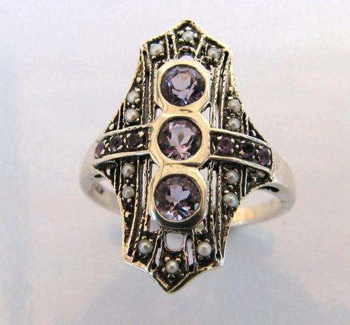 Real amethyst and pearl solid sterling silver ring