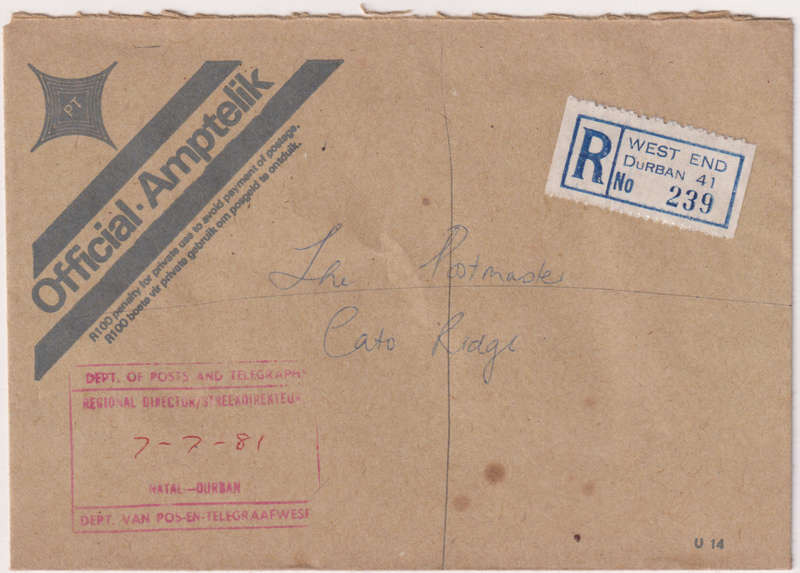 Postal History RSA West End Durban
