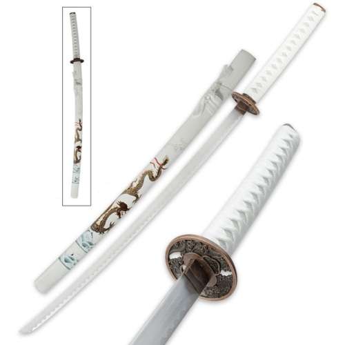 WHITE FLYING DRAGON SAMURAI KATANA -- FULL TANG --- BLOOD GROOVE --- SHARPENED