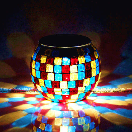 SOLAR POWERED MOSAIC LED TABLE DECORATION LANTERN TEA LIGHT GARDEN PATIO OUTDOOR