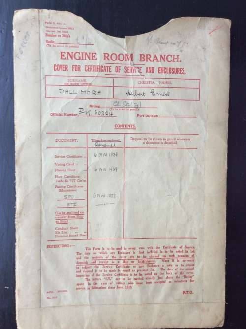 Royal Navy documents WW 1 & WW 11 to Stoker/Petty Officer Herbert Ernest Dallimore