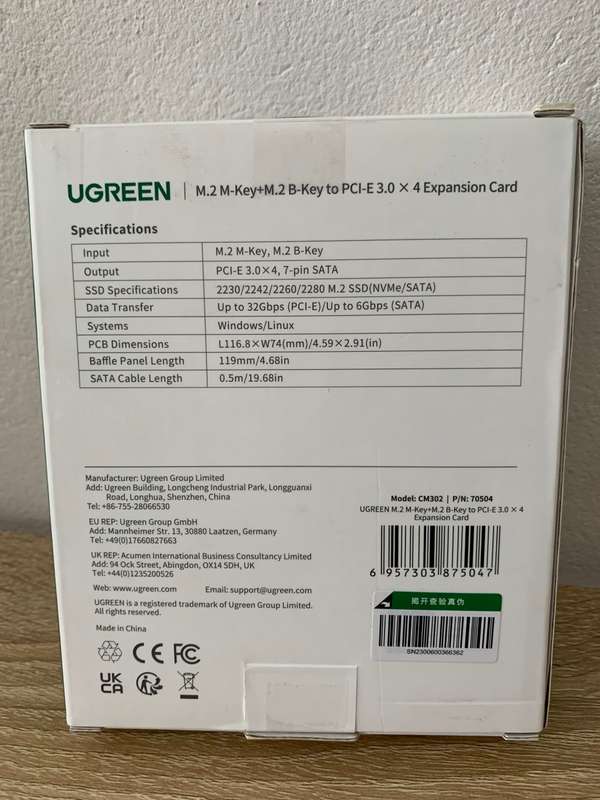UGreen 70504 M.2 M/B-Key NVMe+SATA PCIe X4 Internal Expansion Card