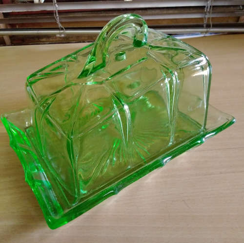 Green glass cheese dish