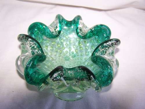 GREEN MURANO GLASS ASHTRAY WITH SILVER INLAY