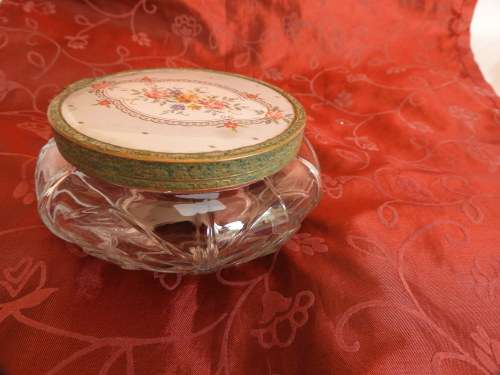 CUT GLASS POWDER OR TRINKET HOLDER WITH BRASS RIMMED LID