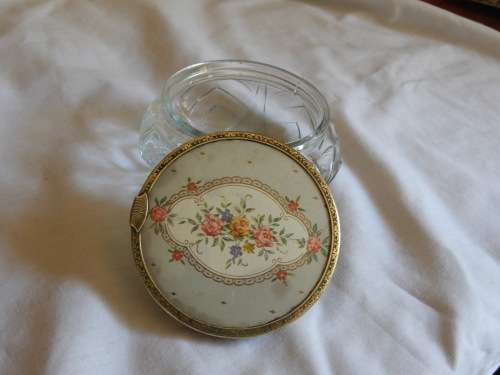 CUT GLASS POWDER OR TRINKET HOLDER WITH BRASS RIMMED LID