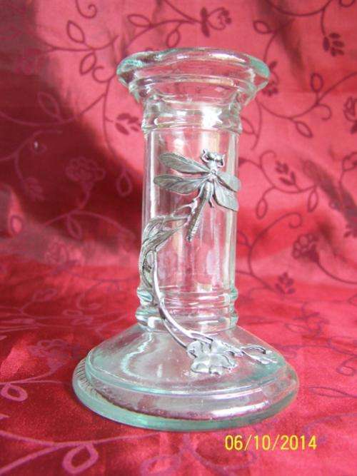 Glass Candle Holder with Dragonfly Picture.