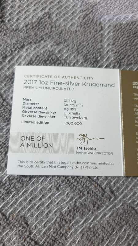 2017 KRUGERRAND  1OZ SILVER UNC MEDAL WITH CERTIFICATE