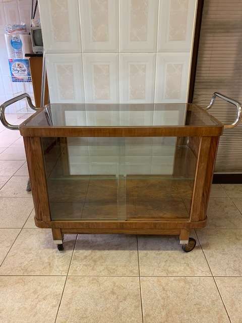 ART DECO BURR WALNUT GLASS CHROME DRINKS TROLLEY CABINET - RARE TO FIND!!!