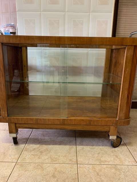 ART DECO BURR WALNUT GLASS CHROME DRINKS TROLLEY CABINET - RARE TO FIND!!!