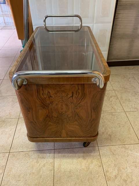 ART DECO BURR WALNUT GLASS CHROME DRINKS TROLLEY CABINET - RARE TO FIND!!!
