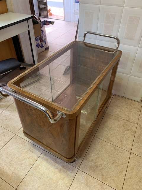 ART DECO BURR WALNUT GLASS CHROME DRINKS TROLLEY CABINET - RARE TO FIND!!!