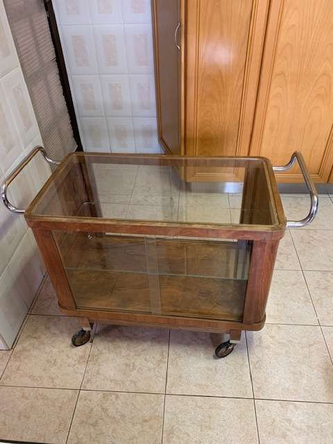 ART DECO BURR WALNUT GLASS CHROME DRINKS TROLLEY CABINET - RARE TO FIND!!!