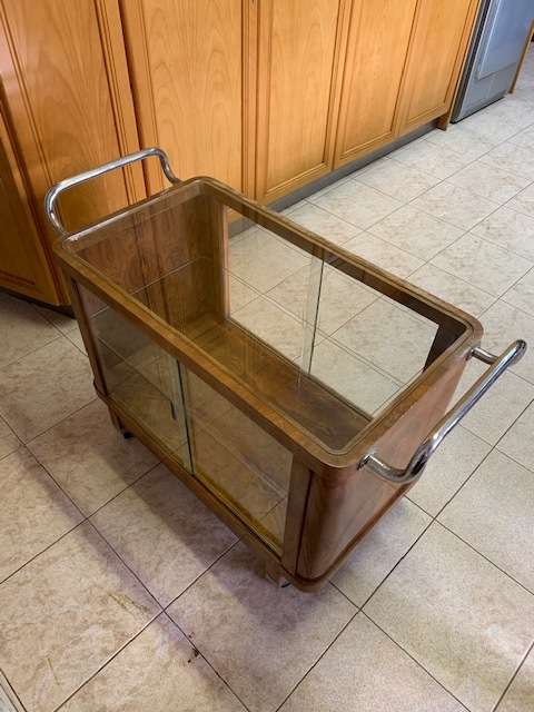 ART DECO BURR WALNUT GLASS CHROME DRINKS TROLLEY CABINET - RARE TO FIND!!!