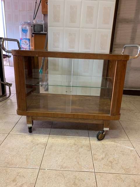 ART DECO BURR WALNUT GLASS CHROME DRINKS TROLLEY CABINET - RARE TO FIND!!!
