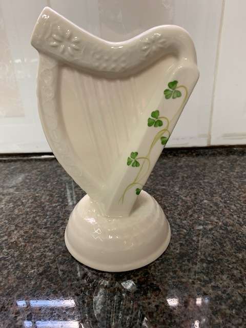 DONEGAL IRISH PARIAN CHINA HARP WITH SHAMROCK