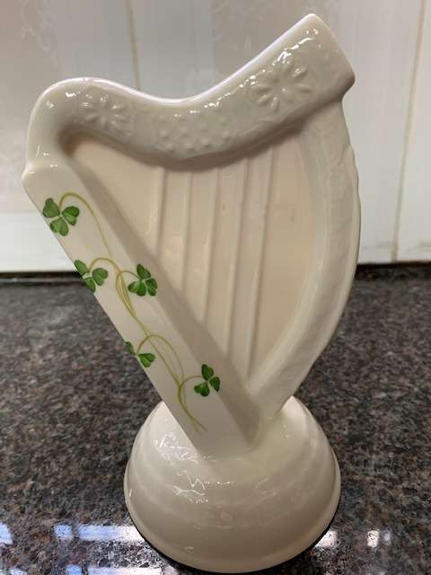 DONEGAL IRISH PARIAN CHINA HARP WITH SHAMROCK