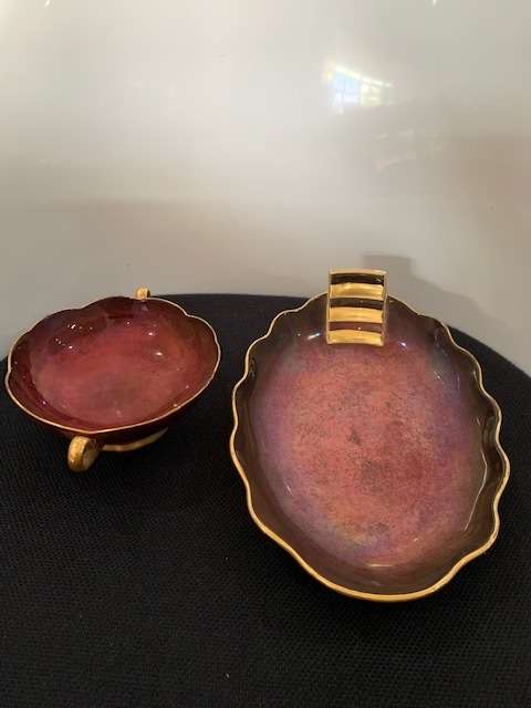 CARLTON WARE ROUGE ROYALE BURGUNDY AND GOLD PLATE AND BOWL