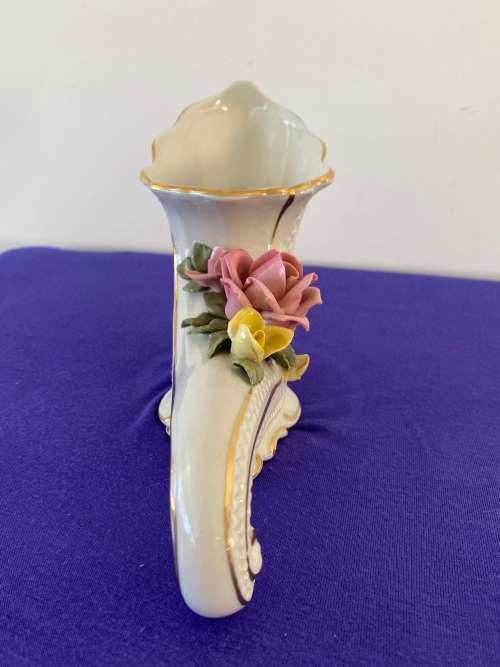 GERMAN PORCELAIN STAMPED HORN SHAPED FLORAL ENCRUSTED VASE BY CARL THIEME 1872