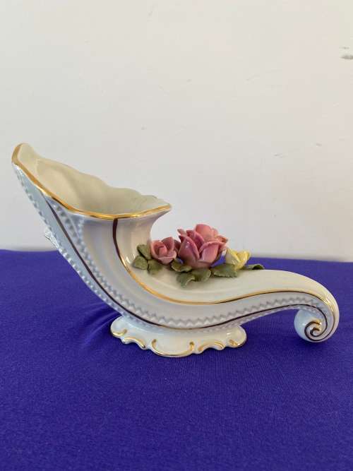 GERMAN PORCELAIN STAMPED HORN SHAPED FLORAL ENCRUSTED VASE BY CARL THIEME 1872