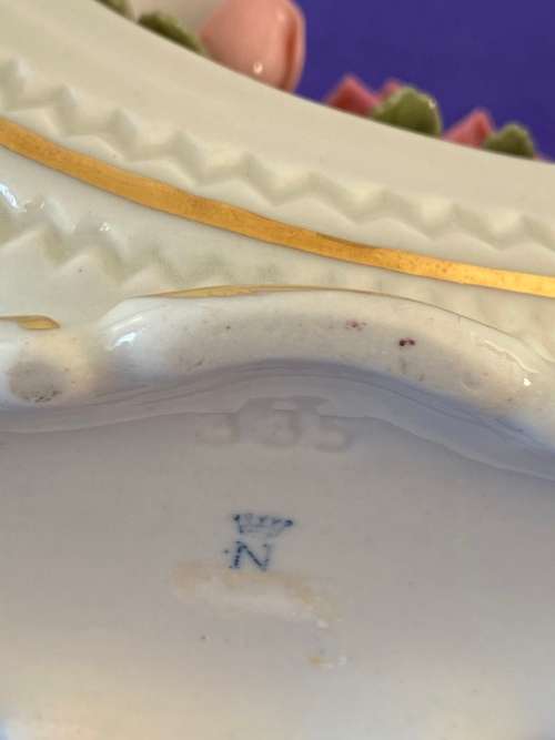 GERMAN PORCELAIN STAMPED HORN SHAPED FLORAL ENCRUSTED VASE BY CARL THIEME 1872