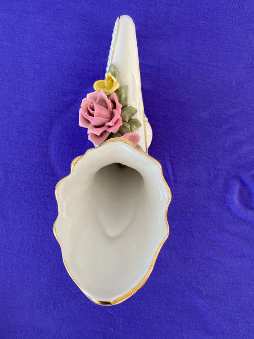 GERMAN PORCELAIN STAMPED HORN SHAPED FLORAL ENCRUSTED VASE BY CARL THIEME 1872