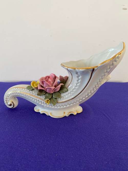 GERMAN PORCELAIN STAMPED HORN SHAPED FLORAL ENCRUSTED VASE BY CARL THIEME 1872