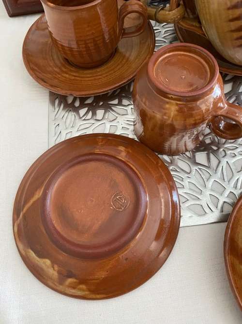 LIEBERMANN SA POTTERY SIGNED GLAZED TEAPOT 5 x CUPS and 6 x SAUCERS SET