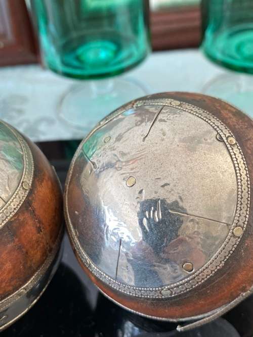 VINTAGE INDIA GRADUATED WOODEN SILVER TONE METAL SURROUNDS BALLS X 3