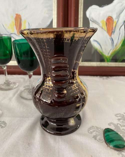 MID-CENTURY W.GERMANY STAMPED DOUBLE HANDLE GLAZED CERAMIC VASE