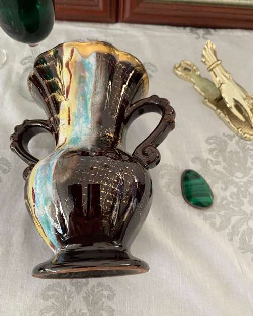 MID-CENTURY W.GERMANY STAMPED DOUBLE HANDLE GLAZED CERAMIC VASE