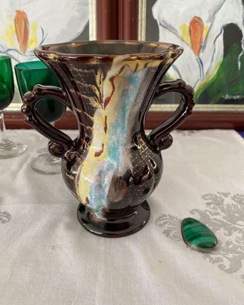 MID-CENTURY W.GERMANY STAMPED DOUBLE HANDLE GLAZED CERAMIC VASE