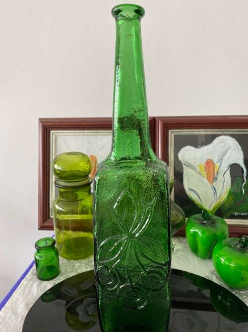 MID-CENTURY GREEN GLASS ITALY STAMPED LARGE TALL GRAPE EMBOSSED GENIE BOTTLE