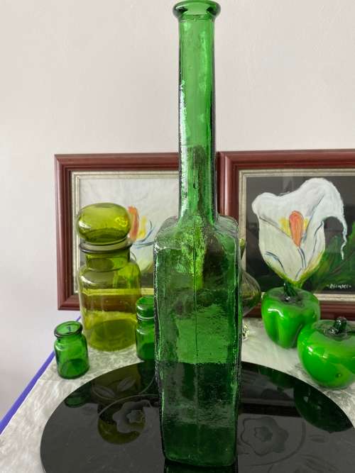 MID-CENTURY GREEN GLASS ITALY STAMPED LARGE TALL GRAPE EMBOSSED GENIE BOTTLE