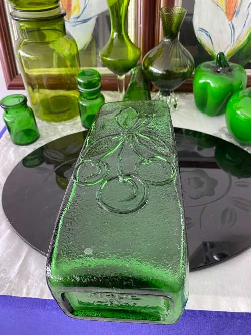 MID-CENTURY GREEN GLASS ITALY STAMPED LARGE TALL GRAPE EMBOSSED GENIE BOTTLE