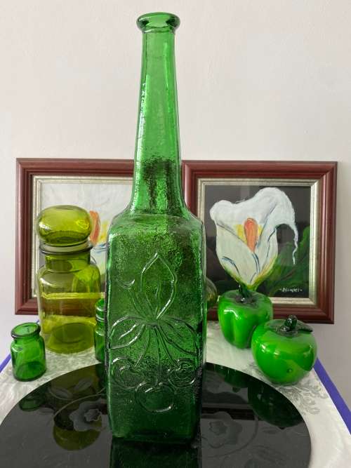 MID-CENTURY GREEN GLASS ITALY STAMPED LARGE TALL GRAPE EMBOSSED GENIE BOTTLE