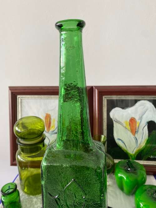 MID-CENTURY GREEN GLASS ITALY STAMPED LARGE TALL GRAPE EMBOSSED GENIE BOTTLE