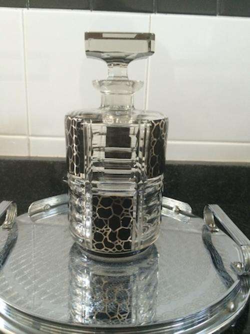ART DECO BLACK/SILVER ENAMELED ETCHED DECORATION DECANTER - LARGE