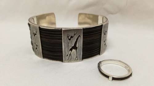 Sterling silver bangle and ring set with elephant hair