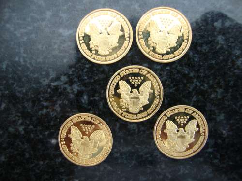 Lot of 24ct Gold Plated .999 Silver Liberty 1 gram Coins - 5 x Coins - One bid takes all.