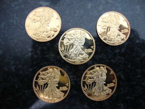 Lot of 24ct Gold Plated .999 Silver Liberty 1 gram Coins - 5 x Coins - One bid takes all.