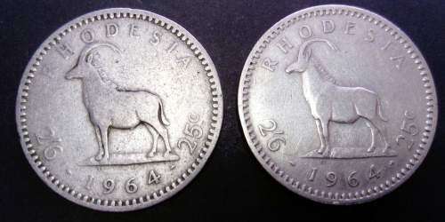 Lot of TWO Rhodesia 25c coins (2 x 1964)