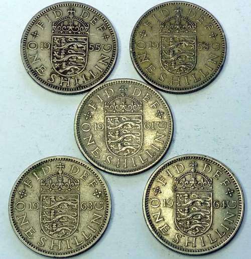 Lot of FIVE Great Britain ONE Shilling coins (1955, 1958, 1961, 1963 and 1964)