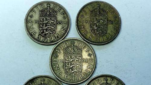 Lot of FIVE Great Britain ONE Shilling coins (1955, 1958, 1961, 1963 and 1964)